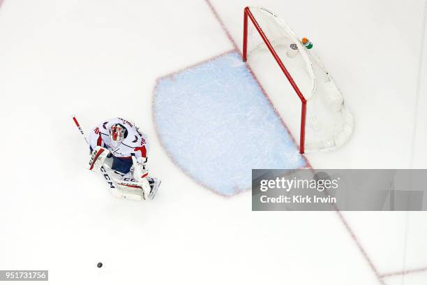 Braden Holtby of the Washington Capitals makes a save in Game Six of the Eastern Conference First Round during the 2018 NHL Stanley Cup Playoffs...