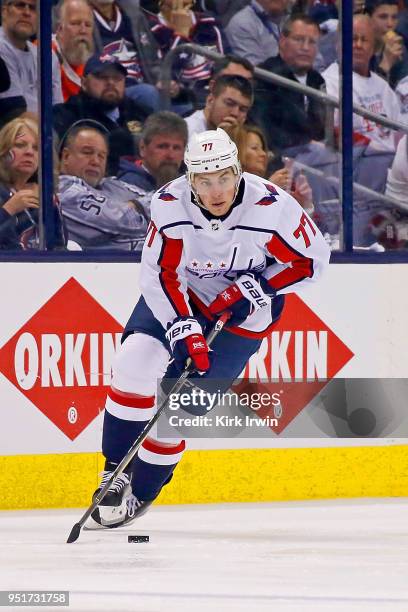 Oshie of the Washington Capitals controls the puck in Game Six of the Eastern Conference First Round during the 2018 NHL Stanley Cup Playoffs against...