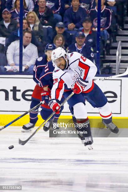 Devante Smith-Pelly of the Washington Capitals controls the puck in Game Six of the Eastern Conference First Round during the 2018 NHL Stanley Cup...