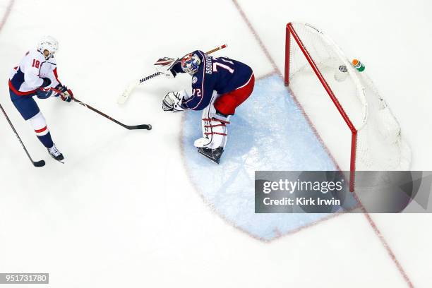 Chandler Stephenson of the Washington Capitals beats Sergei Bobrovsky of the Columbus Blue Jackets for a goal in Game Six of the Eastern Conference...