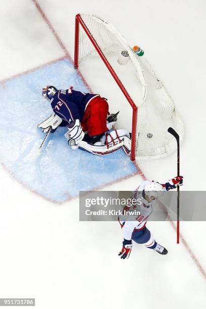 Chandler Stephenson of the Washington Capitals celebrates after beating Sergei Bobrovsky of the Columbus Blue Jackets for a goal in Game Six of the...