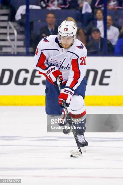 Lars Eller of the Washington Capitals controls the puck in Game Six of the Eastern Conference First Round during the 2018 NHL Stanley Cup Playoffs...
