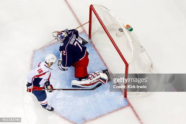 Chandler Stephenson of the Washington Capitals beats Sergei Bobrovsky of the Columbus Blue Jackets for a goal in Game Six of the Eastern Conference...