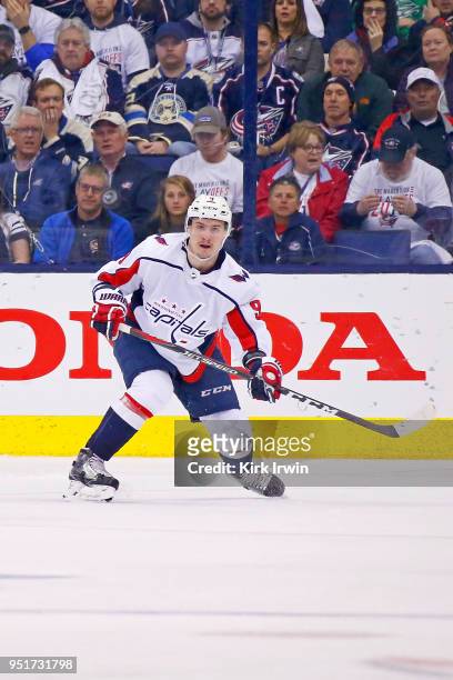 Dmitry Orlov of the Washington Capitals controls the puck in Game Six of the Eastern Conference First Round during the 2018 NHL Stanley Cup Playoffs...