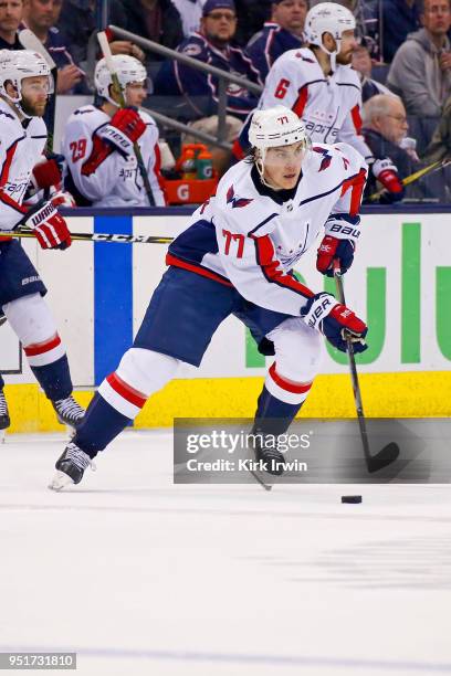 Oshie of the Washington Capitals controls the puck in Game Six of the Eastern Conference First Round during the 2018 NHL Stanley Cup Playoffs against...