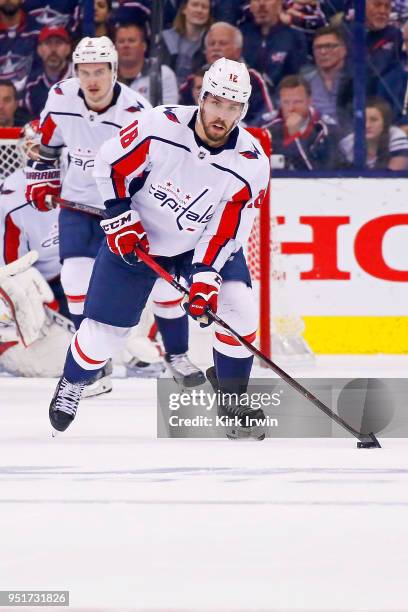 Chandler Stephenson of the Washington Capitals controls the puck in Game Six of the Eastern Conference First Round during the 2018 NHL Stanley Cup...