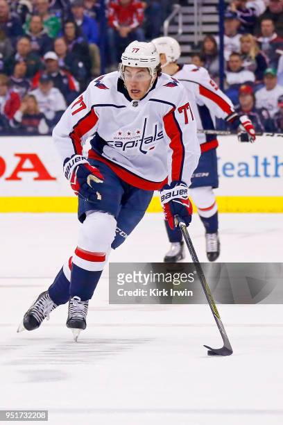 Oshie of the Washington Capitals controls the puck in Game Six of the Eastern Conference First Round during the 2018 NHL Stanley Cup Playoffs against...