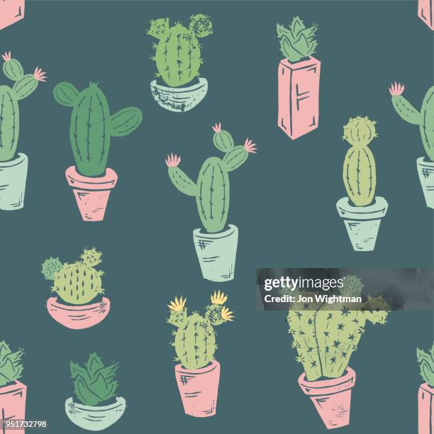 ilustrações de stock, clip art, desenhos animados e ícones de handmade cactus seamless pattern - cato