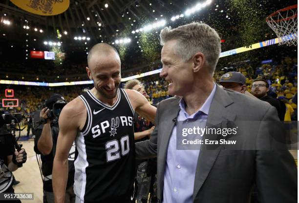 Manu Ginobili of the San Antonio Spurs talks to head coach Steve Kerr of the Golden State Warriors after the Warriors beat the Spurs in Game Five of...