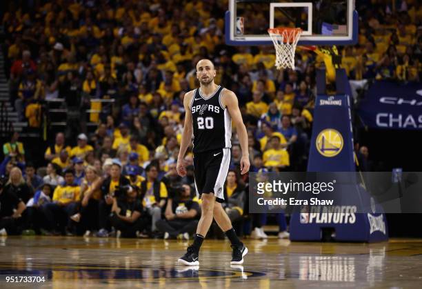 Manu Ginobili of the San Antonio Spurs in action against the Golden State Warriors during Game Five of Round One of the 2018 NBA Playoffs at ORACLE...