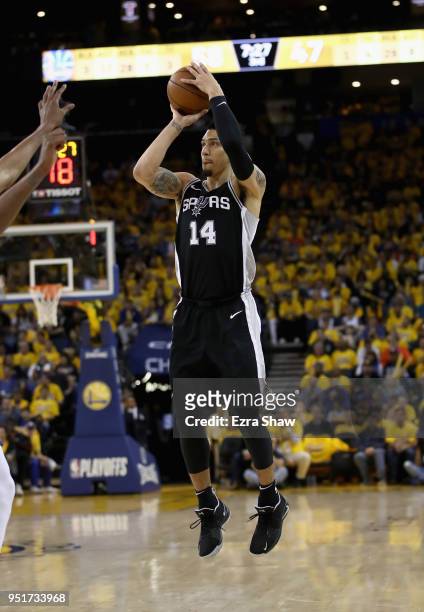 Danny Green of the San Antonio Spurs in action against the Golden State Warriors during Game Five of Round One of the 2018 NBA Playoffs at ORACLE...