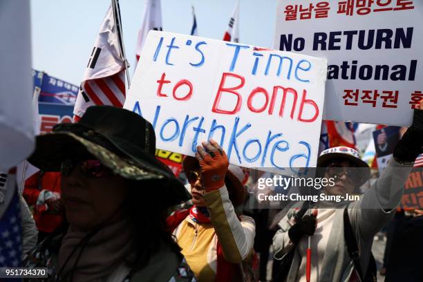 South Koreans conservative protesters participate in a rally against Inter Korean Summit on April 27, 2018 in Paju, South Korea. North Korean leader...