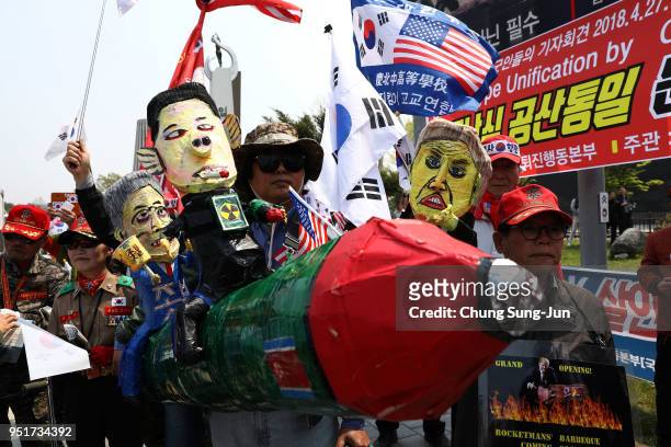 South Koreans conservative protesters participate in a rally against Inter Korean Summit on April 27, 2018 in Paju, South Korea. North Korean leader...