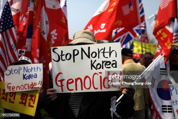 South Koreans conservative protesters participate in a rally against Inter Korean Summit on April 27, 2018 in Paju, South Korea. North Korean leader...