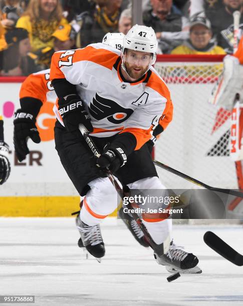 Andrew MacDonald of the Philadelphia Flyers skates against the Pittsburgh Penguins in Game Five of the Eastern Conference First Round during the 2018...