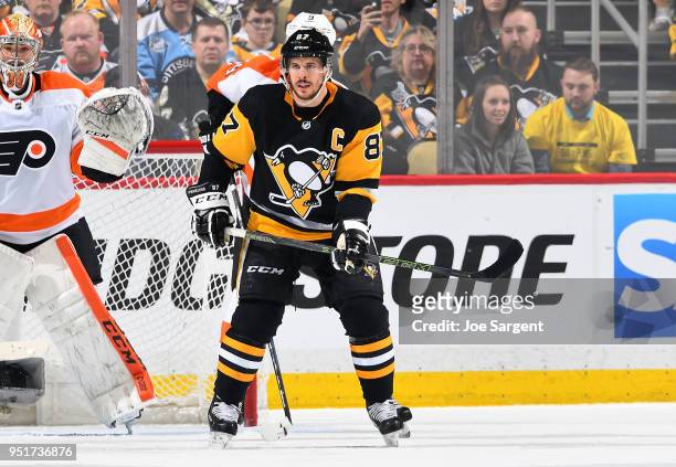 Sidney Crosby of the Pittsburgh Penguins skates against the Philadelphia Flyers in Game Five of the Eastern Conference First Round during the 2018...