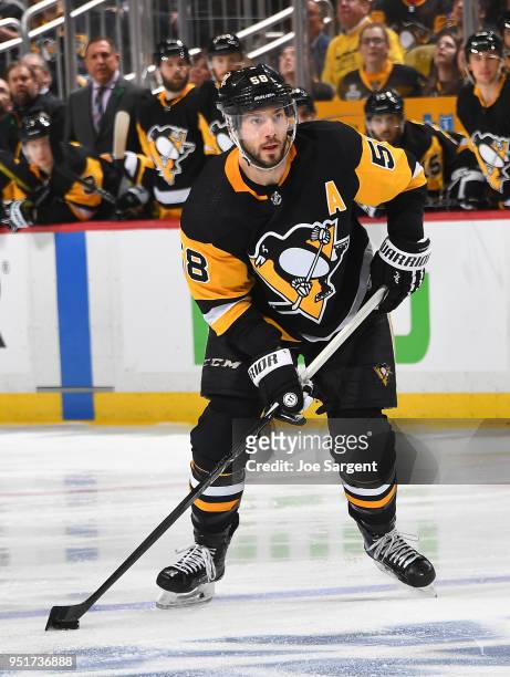 Kris Letang of the Pittsburgh Penguins skates against the Philadelphia Flyers in Game Five of the Eastern Conference First Round during the 2018 NHL...