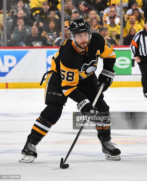 Kris Letang of the Pittsburgh Penguins skates against the Philadelphia Flyers in Game Five of the Eastern Conference First Round during the 2018 NHL...