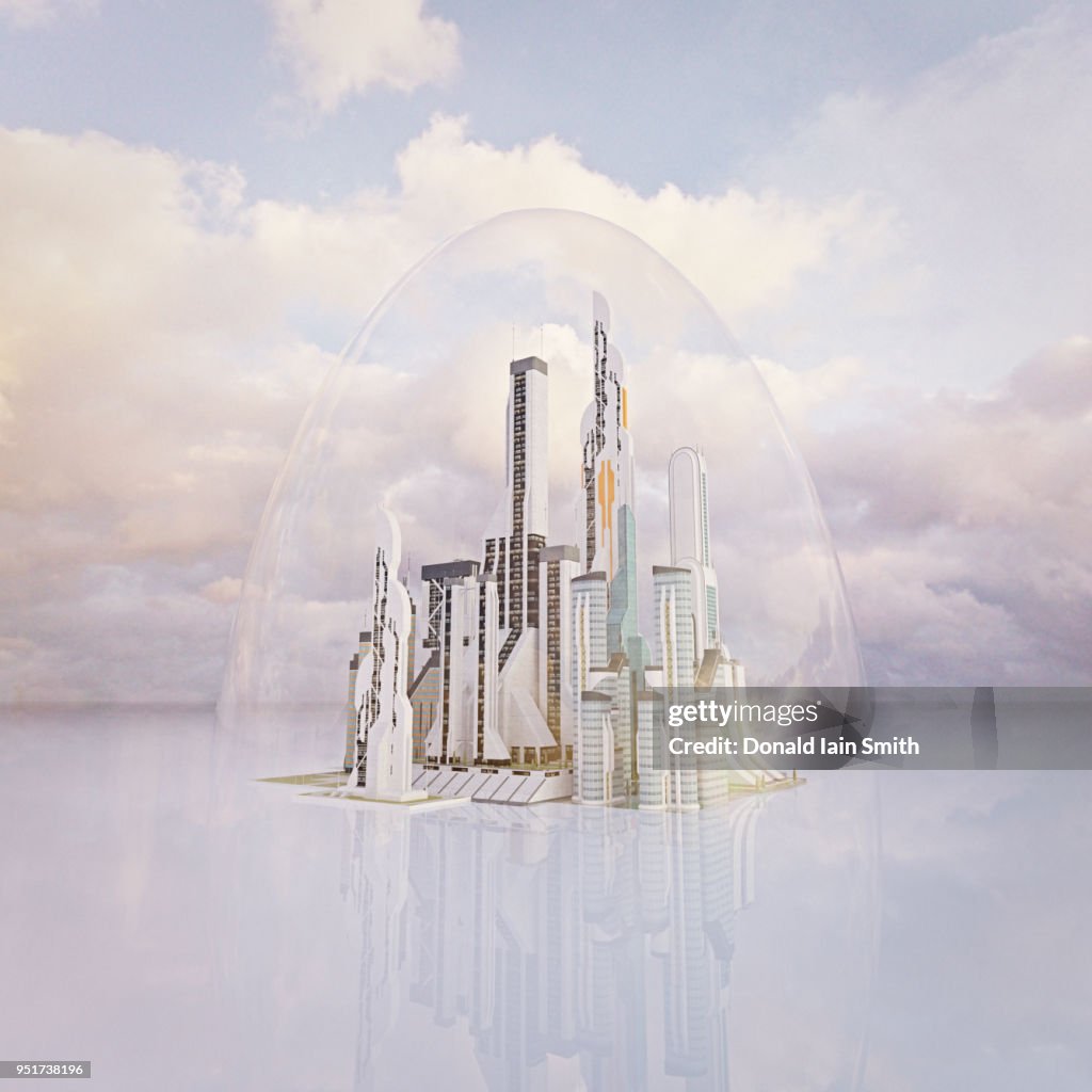 Futuristic city protected under transparent dome