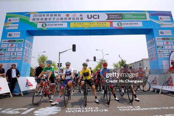 Start / Giorgia Bronzini of Italy and Team Cylance Pro Cycling Yellow Leader Jersey / Silvia Persico of Italy and Team Valcar PBM White Best Young...