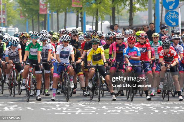 Start / Giorgia Bronzini of Italy and Team Cylance Pro Cycling Yellow Leader Jersey / Silvia Persico of Italy and Team Valcar PBM White Best Young...