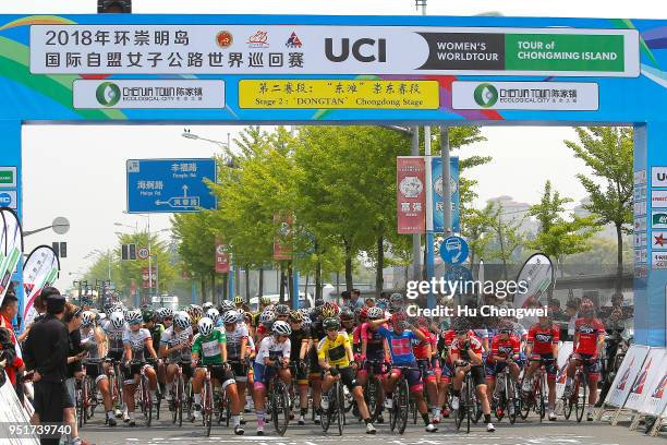 Start / Giorgia Bronzini of Italy and Team Cylance Pro Cycling Yellow Leader Jersey / Silvia Persico of Italy and Team Valcar PBM White Best Young...