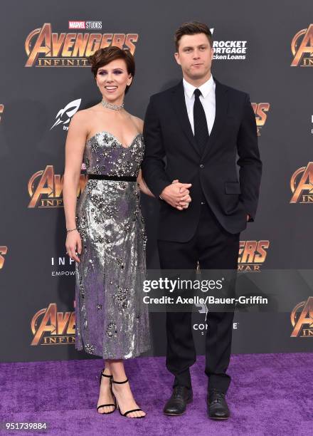 Actors Scarlett Johansson and Colin Jost attend the premiere of Disney and Marvel's 'Avengers: Infinity War' on April 23, 2018 in Hollywood,...