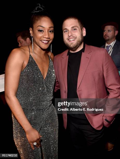 Actress Tiffany Haddish and actor Jonah Hill attend the CinemaCon Big Screen Achievement Awards brought to you by the Coca-Cola Company at The...