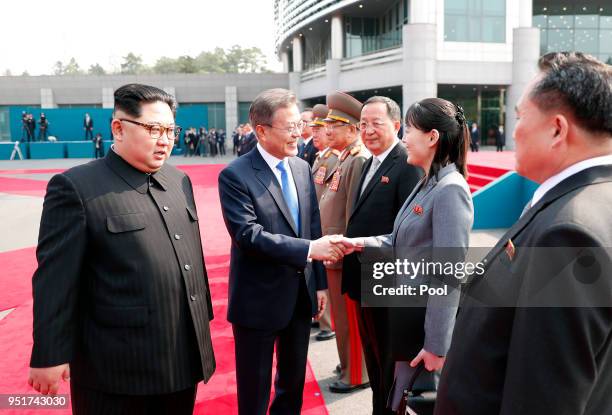 South Korean President Moon Jae-in greets North Korean leader Kim Jong Un's sister Kim Yo Jong ahead of the Inter-Korean Summit on April 27, 2018 in...