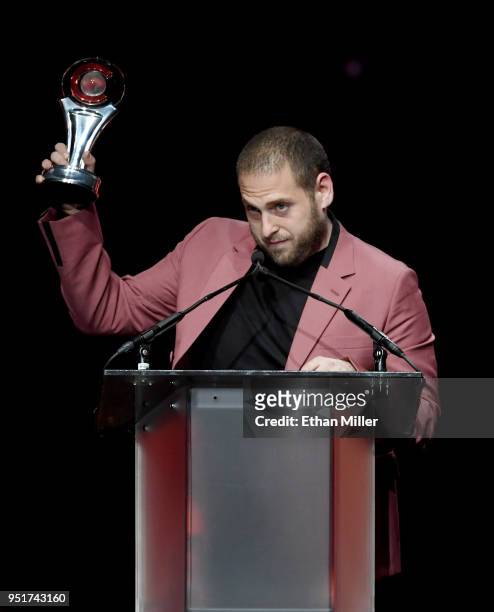 Actor Jonah Hill accepts the CinemaCon Vanguard Award onstage during the CinemaCon Big Screen Achievement Awards brought to you by the Coca-Cola...