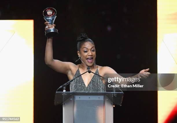 Actress/comedian Tiffany Haddish accepts the Female Star of Tomorrow award onstage during the CinemaCon Big Screen Achievement Awards brought to you...