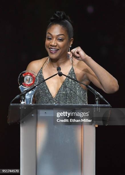 Actress/comedian Tiffany Haddish, recipient of the Female Star of Tomorrow award, attends the CinemaCon Big Screen Achievement Awards brought to you...