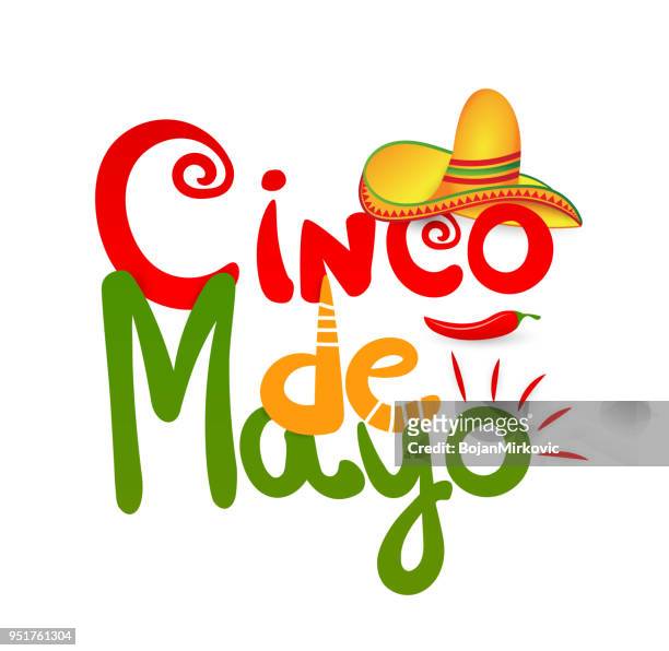 cinco de mayo mexican greeting card. hand lettering with hat and pepper. vector illustration. - sombrero maracas stock illustrations