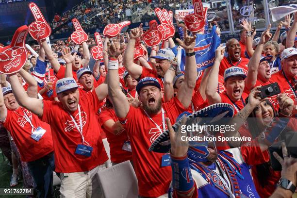 Buffalo Bills fans cheer prior to the first round of the NFL Draft on April 26, 2018 at AT&T Stadium in Arlington, TX.