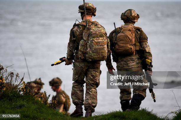 Royal Marines come ashore as they take part in Exercise Joint Warrior on April 26, 2018 in Dundrennan,Scotland. The exercise is involving some 11,600...