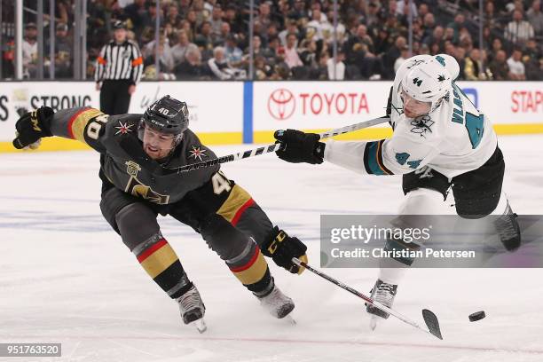 Ryan Carpenter of the Vegas Golden Knights blocks a shot from Marc-Edouard Vlasic of the San Jose Sharks in the first period Game One of the Western...