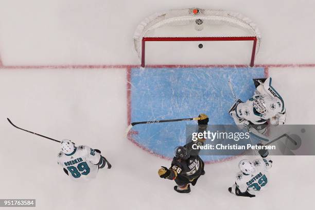 Erik Haula of the Vegas Golden Knights celebrates after scoring a goal past goalender Martin Jones of the San Jose Sharks in the first period Game...