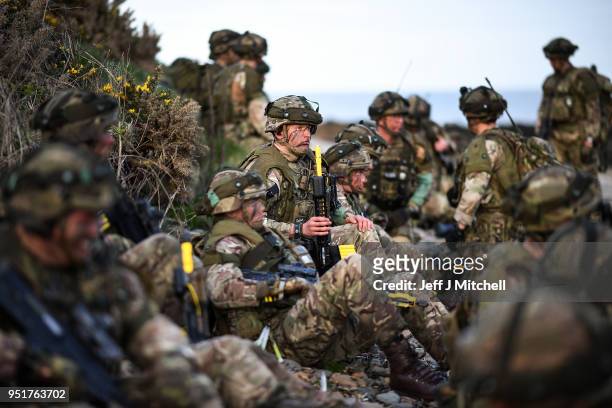 Royal Marines come ashore as they take part in Exercise Joint Warrior on April 26, 2018 in Dundrennan,Scotland. The exercise is involving some 11,600...