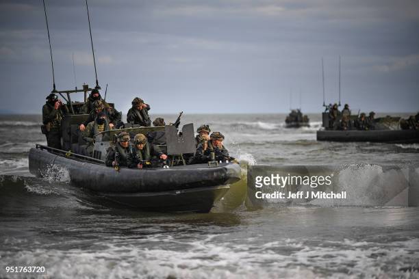 Royal Marines come ashore as they take part in Exercise Joint Warrior on April 26, 2018 in Dundrennan,Scotland. The exercise is involving some 11,600...