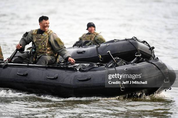 Royal Marines come ashore as they take part in Exercise Joint Warrior on April 26, 2018 in Dundrennan,Scotland. The exercise is involving some 11,600...