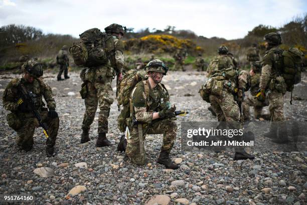 Royal Marines come ashore as they take part in Exercise Joint Warrior on April 26, 2018 in Dundrennan,Scotland. The exercise is involving some 11,600...