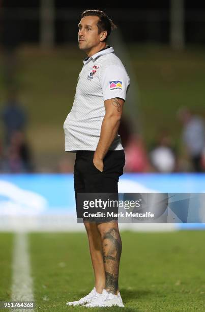 Mitchell Pearce of the Knights watches warm up before the Round eight NRL match between the Manly-Warringah Sea Eagles and the Newcastle Knights at...