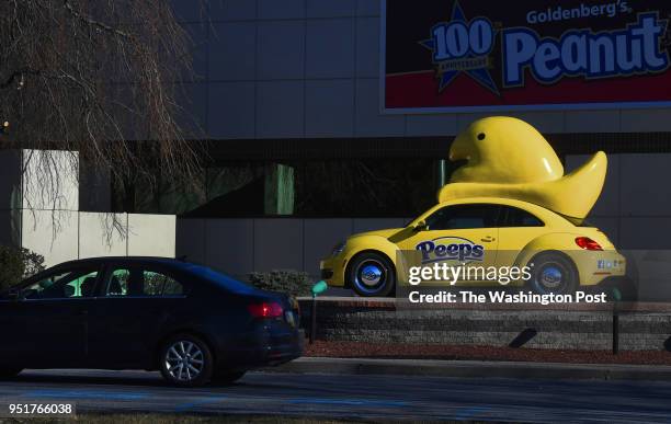 The exterior of the Just Born candy factory in Bethlehem, Pa. Features a "peep mobile" at the entrance to the building complex. -In September 2016,...