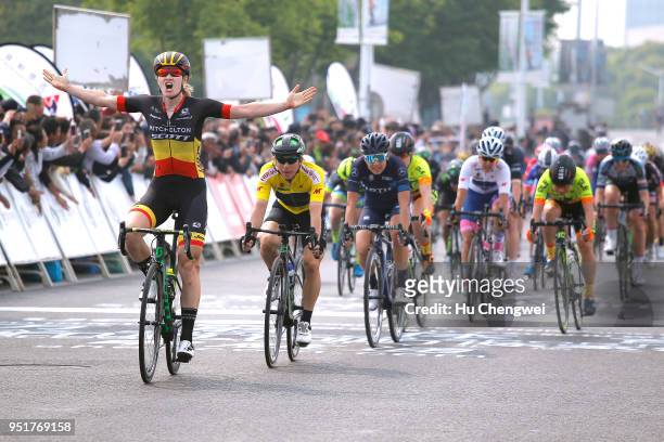Arrival / Jolien D'hoore of Belgium and Team Mitchelton-Scott / Celebration / Giorgia Bronzini of Italy and Team Cylance Pro Cycling Yellow Leader...