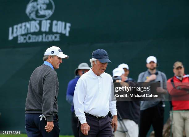 Jerry Pate and Ben Crenshaw read a putt on the ninth green during the third round of the PGA TOUR Champions Bass Pro Shops Legends of Golf at Big...