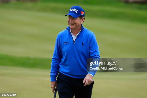 Tom Watson has a laugh on the 13th green during the third round of the PGA TOUR Champions Bass Pro Shops Legends of Golf at Big Cedar Lodge held at...