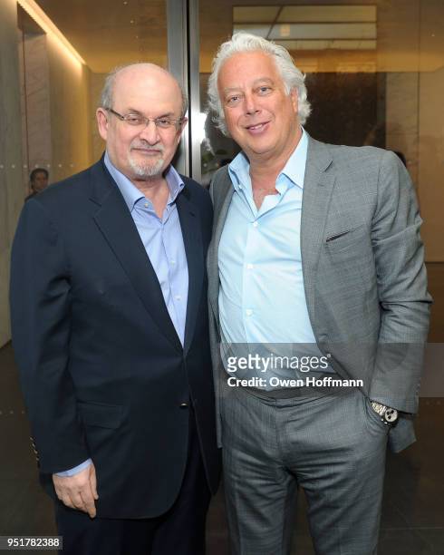 Salman Rushdie and Aby Rosen attends Aby Rosen and Gagosian Celebrate Unveiling of Rachel Feinstein work at 100 East 53rd Street on April 26, 2018 in...