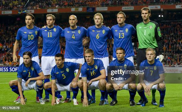 Swedish team's players pose Zlatan Ibrahimovic, Johan Elmander, Daniel Majstorovic, Ola Toivonen, Andreas Granqvist, Andreas Isaksson and Mikael...
