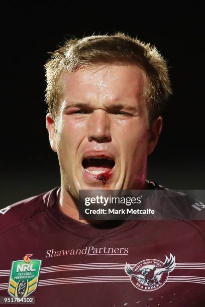 Jake Trbojevic of the Sea Eagles reacts during the Round eight NRL match between the Manly-Warringah Sea Eagles and the Newcastle Knights at...