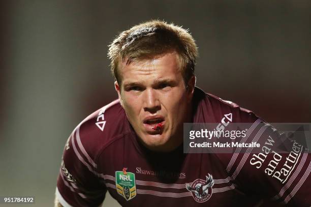 Jake Trbojevic of the Sea Eagles looks on during the Round eight NRL match between the Manly-Warringah Sea Eagles and the Newcastle Knights at...